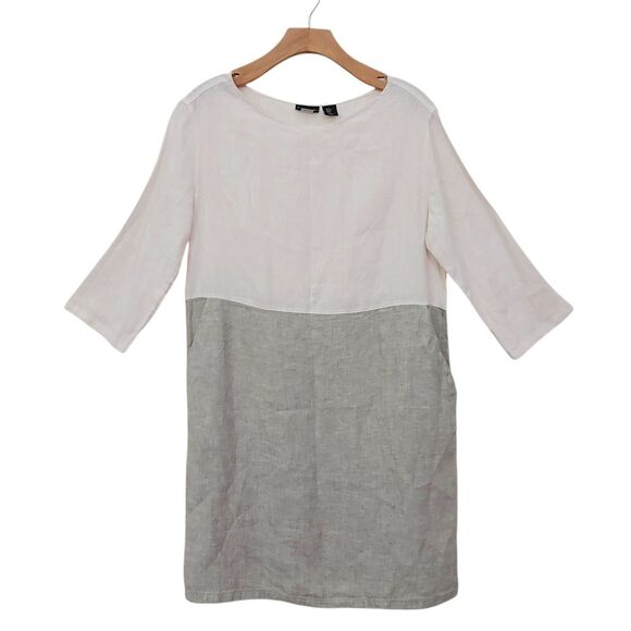 Tahari Mini Dress Womens Medium Gray Linen 3/4 Sleeve Color Block Button Back - Picture 1 of 11